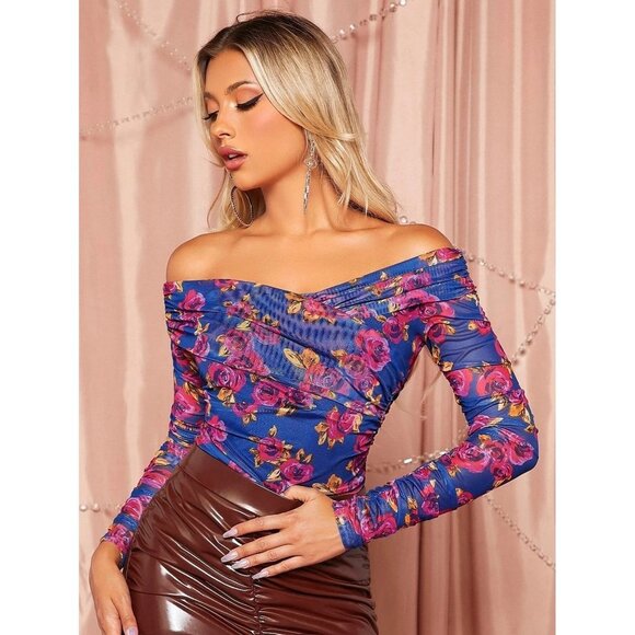 NWT SHEIN Floral Print Off Shoulder Ruched Mesh Top Size‎ M - Picture 1 of 8